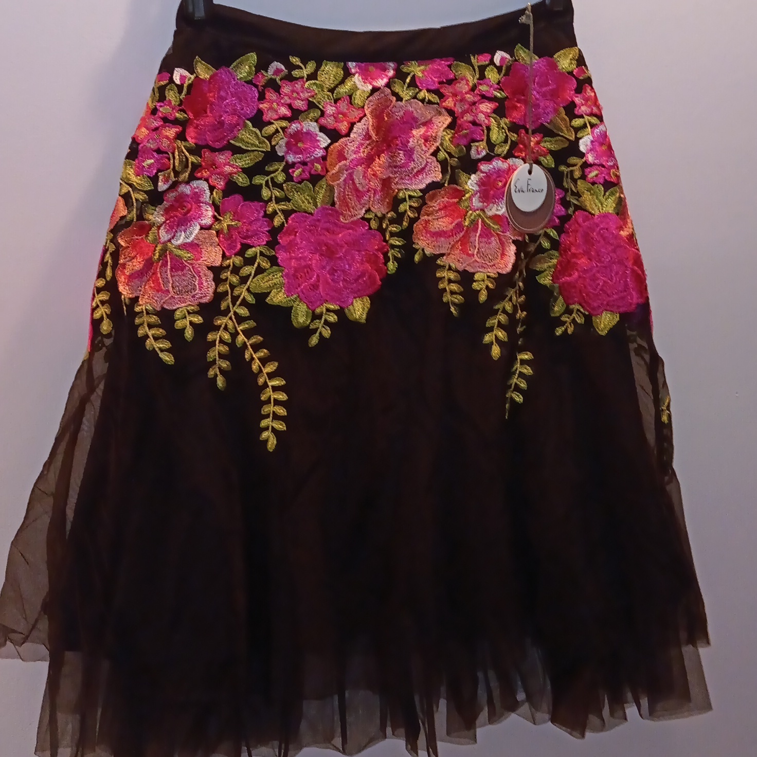 Anthropologie Eva Franco Black Tulle With Pink Floral Skirt Nwt